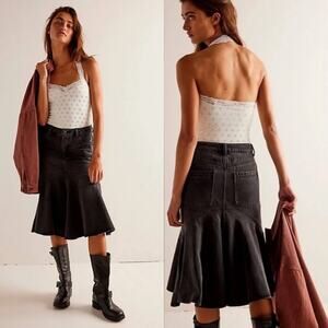 🚫🚫🚫🚫🚫 We The Free Fishtail Midi skirt Black Denim Boho 24 0 🚫🚫🚫🚫🚫